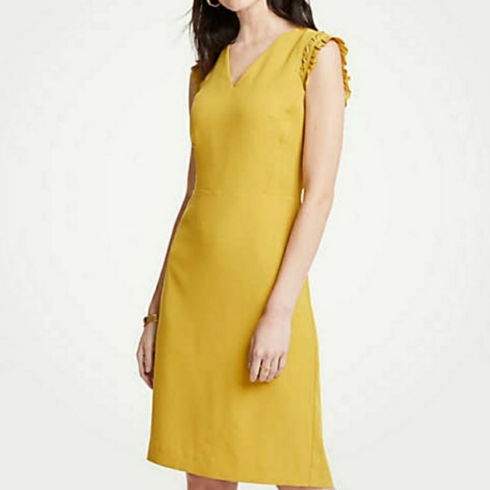 AnnTaylor Ruffle Sheath Dress Mustard yellow 4